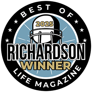 Circular badge with Best of Richardson Life Magazine text, 2025 on a stylized chair, and Winner highlighted at the center against a blue and black background with star accents.