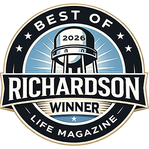 Circular badge with a blue water tower labeled 2026 at the top. Text reads: Best of Richardson Winner, Life Magazine. Sunburst rays and a black banner accentuate the design.